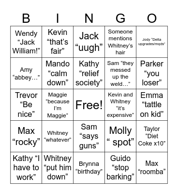 Worthen Family Bingo Card