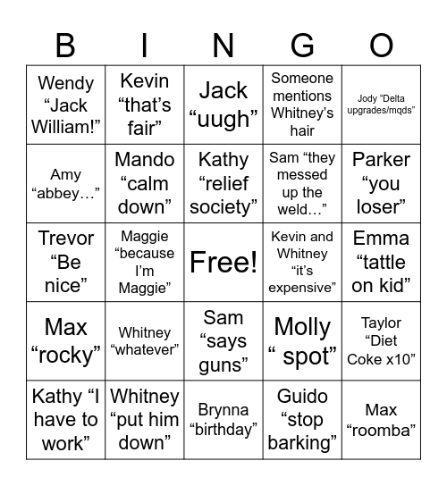 Worthen Family Bingo Card
