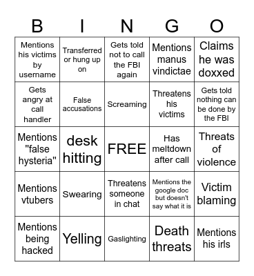 Sindy FBI Call Stream Bingo Card