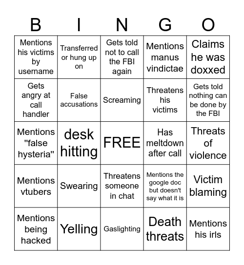 Sindy FBI Call Stream Bingo Card