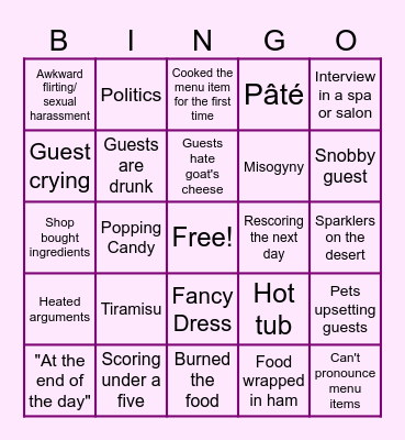 Come Dine Bingo Card