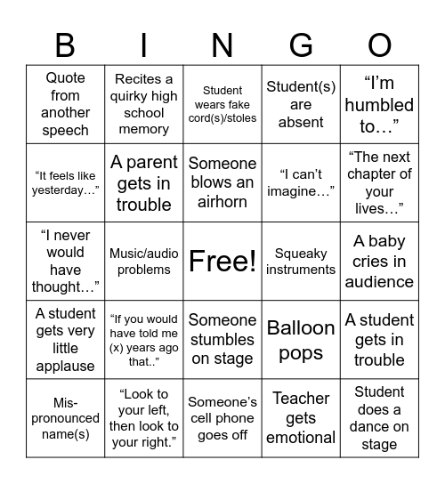 Class of 26 graduation Bingo Card
