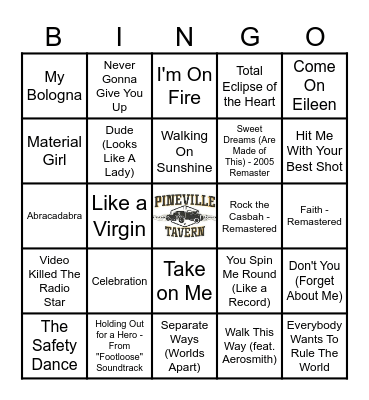 Feel Alright 80's Night Bingo Card