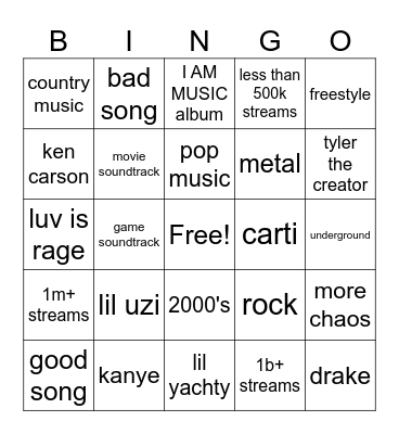 music bingo Card