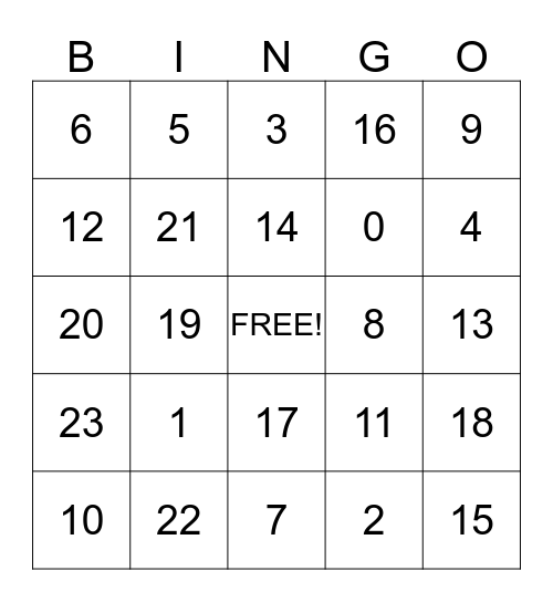 Number Bingo Card