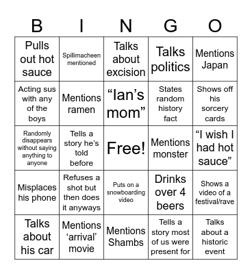 Finn’s 27th Bingo Card