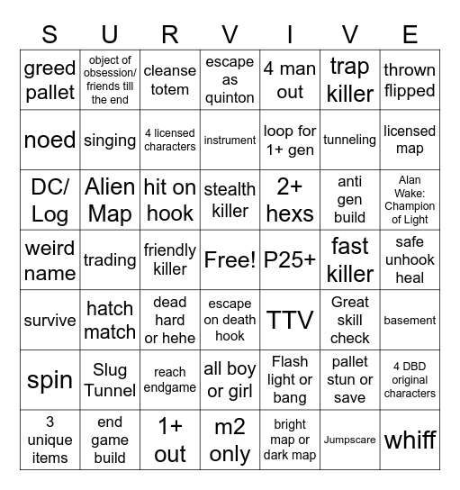 DBD Survivor Bingo Card