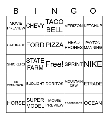 SUPER BOWL COMMERCIAL  Bingo Card