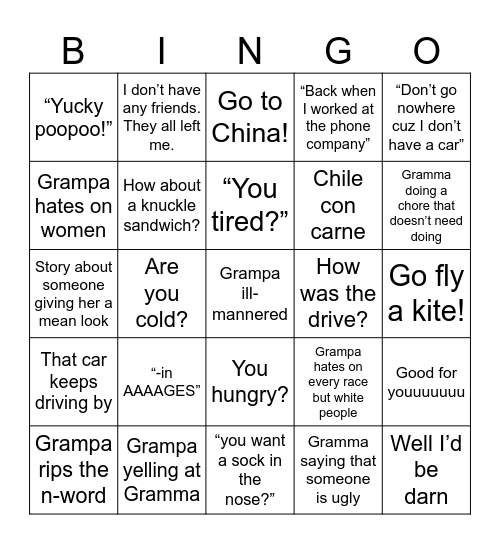 Gramma & Grampa Shenanigans Bingo Card