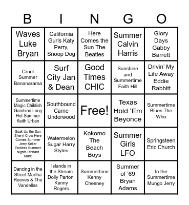 Summer Music Bingo Card