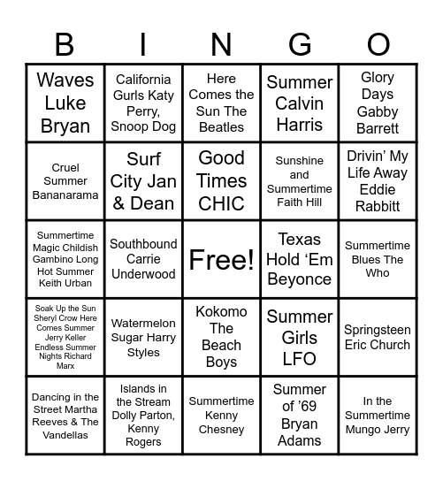 Summer Music Bingo Card