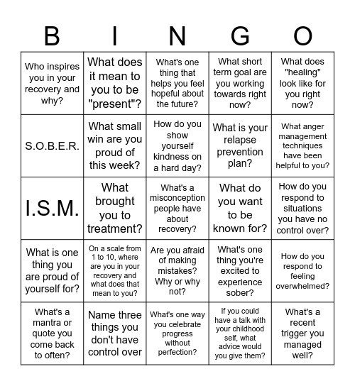 RECOVERY Bingo Card