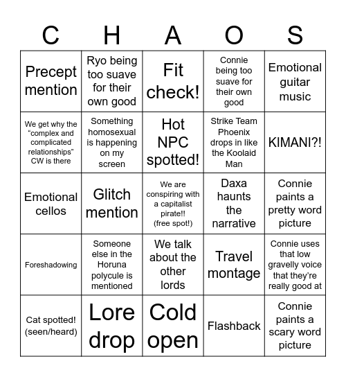 Transplanar CHAOS Arc 4 Special: Follow Me Home Bingo Card