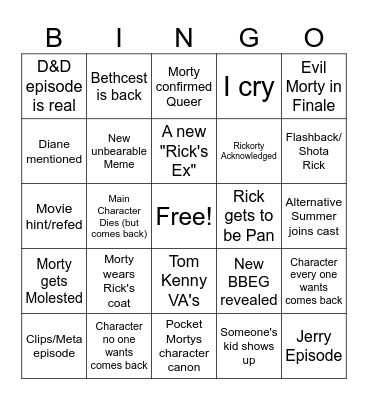 Rick and Morty Season 9 Bingo Card