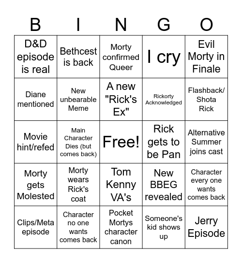 Rick and Morty Season 9 Bingo Card