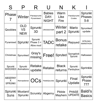 Sprunki Mods Bingo Card