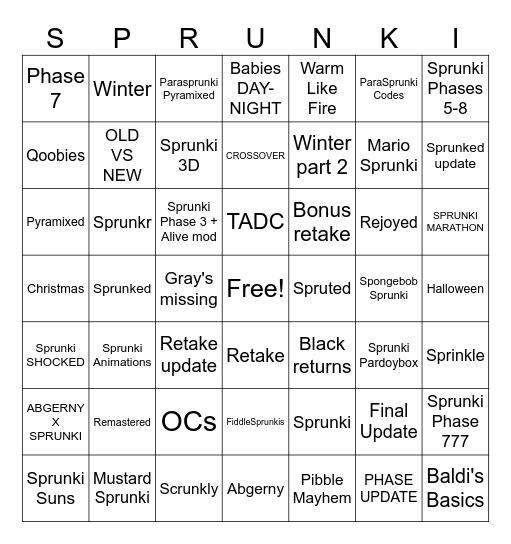 Sprunki Mods Bingo Card