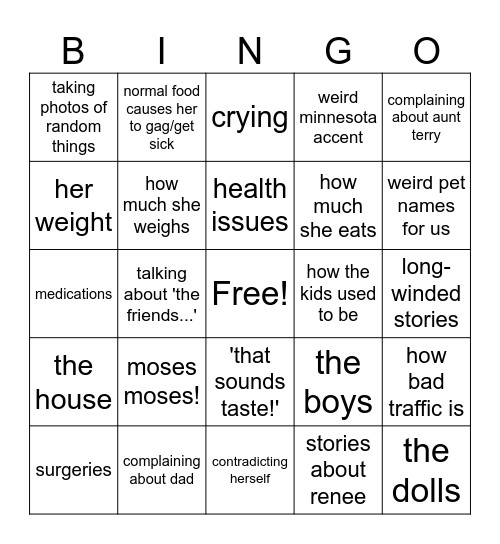 Mom visit time bingo! 2026 Bingo Card