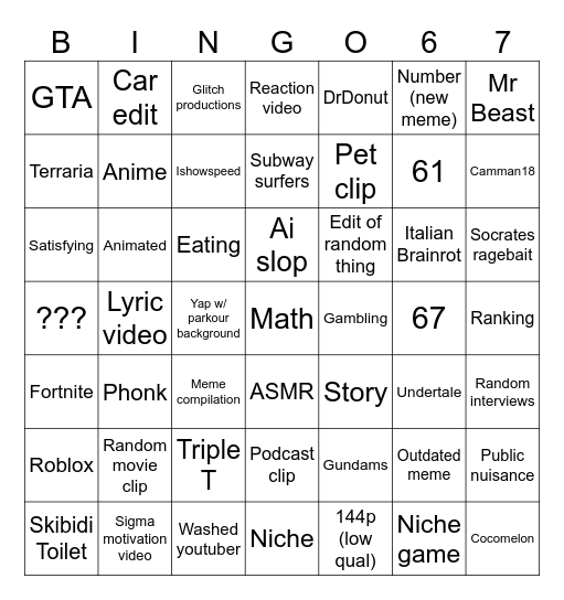 YOUTUBE SHORTS BINGO Card