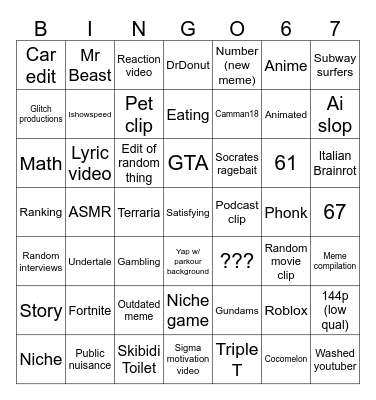 YOUTUBE SHORTS BINGO Card