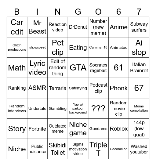 YOUTUBE SHORTS BINGO Card