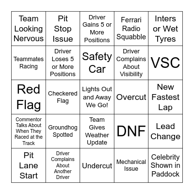 Canadian GP Bingo Card