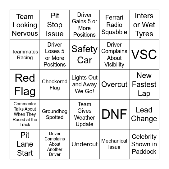 Canadian GP Bingo Card