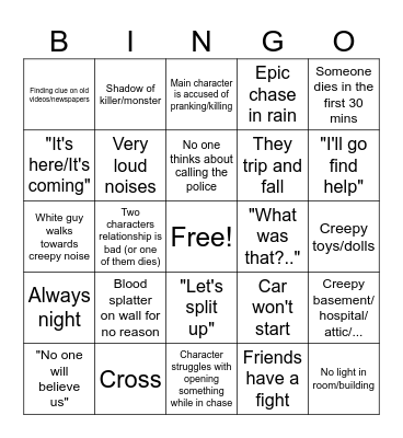 Horror Movie Cliché Bingo Card
