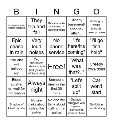 Horror Movie Cliché Bingo Card