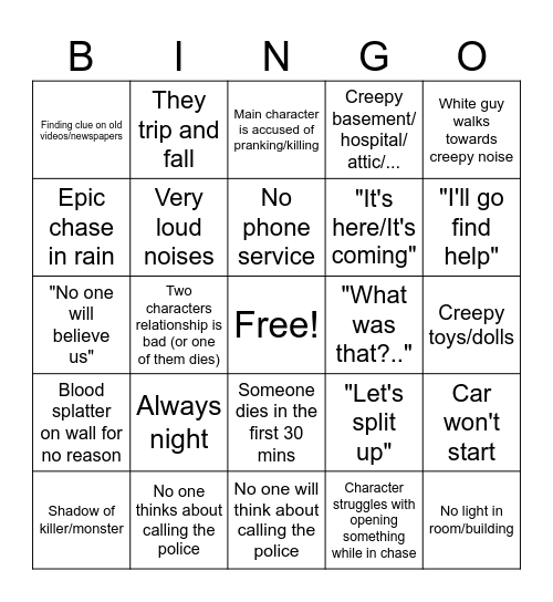 Horror Movie Cliché Bingo Card