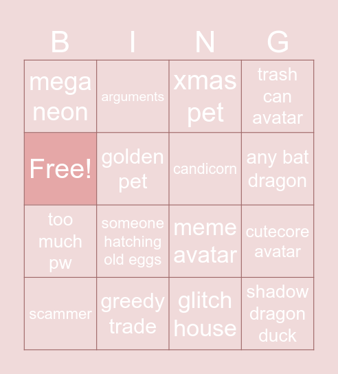adopt me Bingo Card