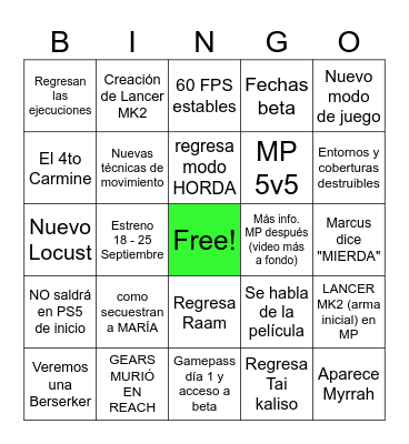 GEARS OF WAR E-DAY Bingo Card