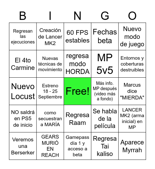 GEARS OF WAR E-DAY Bingo Card