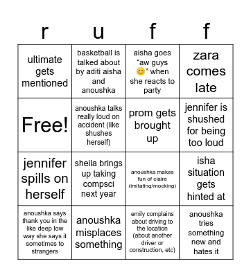 dinner bingo Card