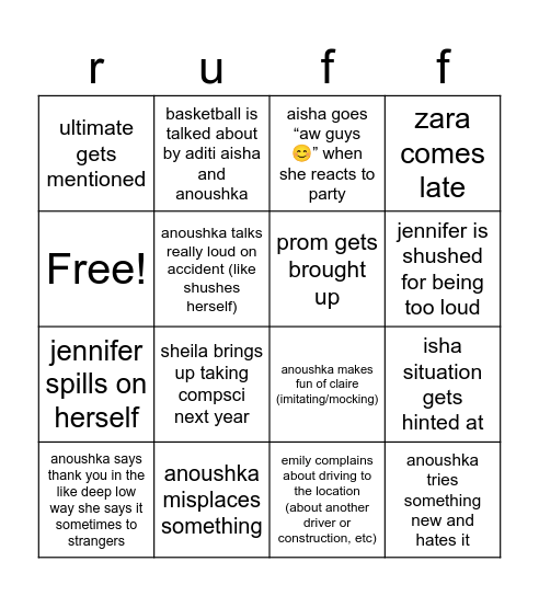 dinner bingo Card