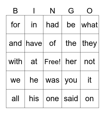 High Frequency Words Bingo Card