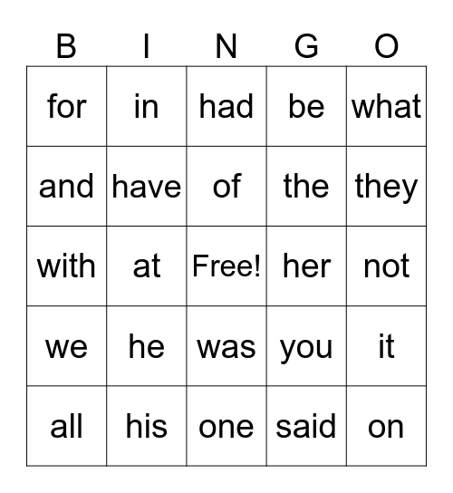High Frequency Words Bingo Card