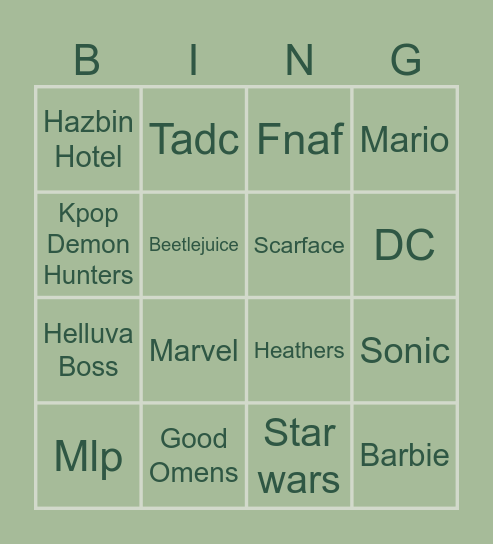Cosplay Bingo Card