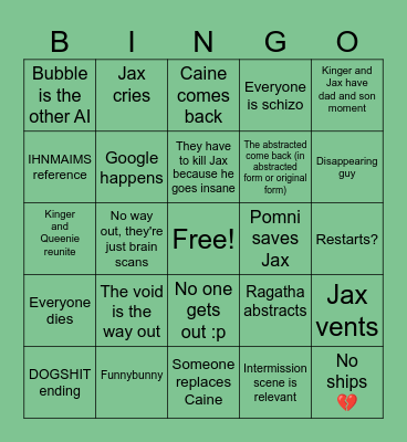 TADC Episode 9 Predictions Bingo Card