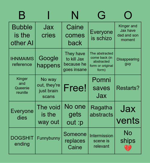 TADC Episode 9 Predictions Bingo Card
