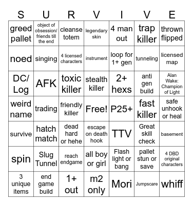 DBD Survivor Bingo Card