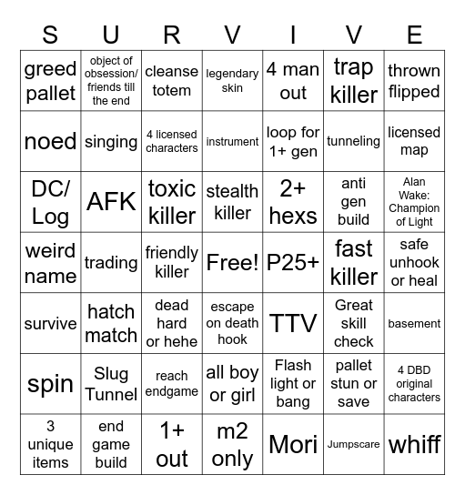 DBD Survivor Bingo Card