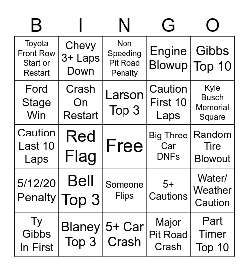 NASCAR Bingo Card