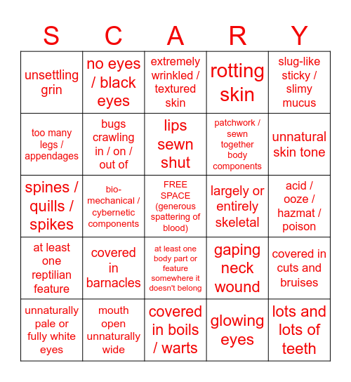 Horror Art Prompt BINGO Card