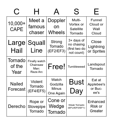 Storm Chase BINGO Card