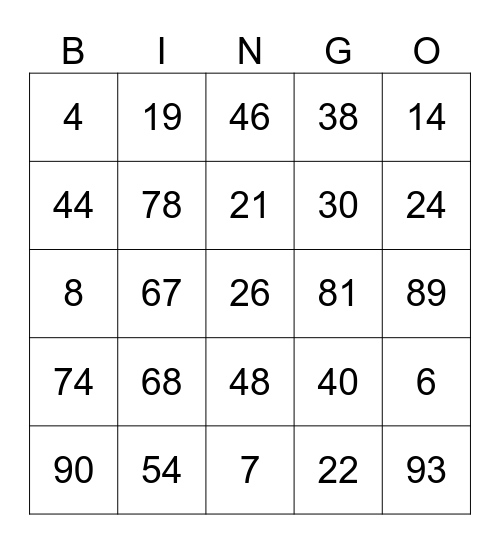 1-99 Bingo Card