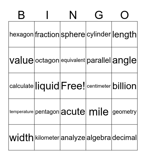 Math Bingo Card