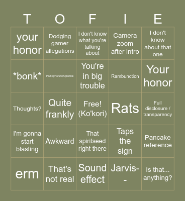 Tofieism Bingo Card