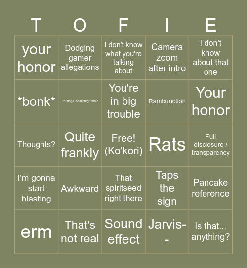 Tofieism Bingo Card