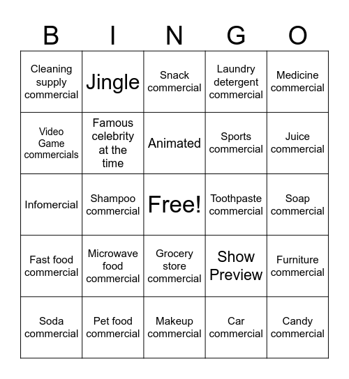Myretrotvs Commercials Bingo Card